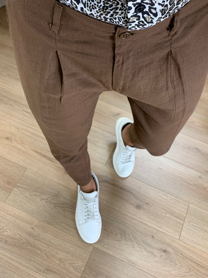 Pantalone Positano in Lino con Pinces col. Tabacco