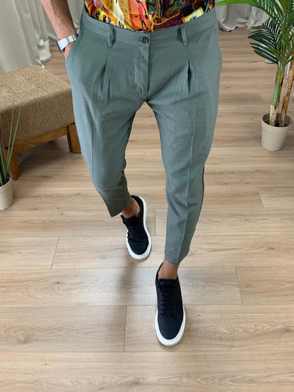 Pantalone Positano in Lino con Pinces col. Verde Militare