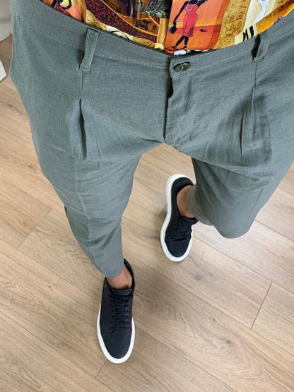 Pantalone Positano in Lino con Pinces col. Verde Militare