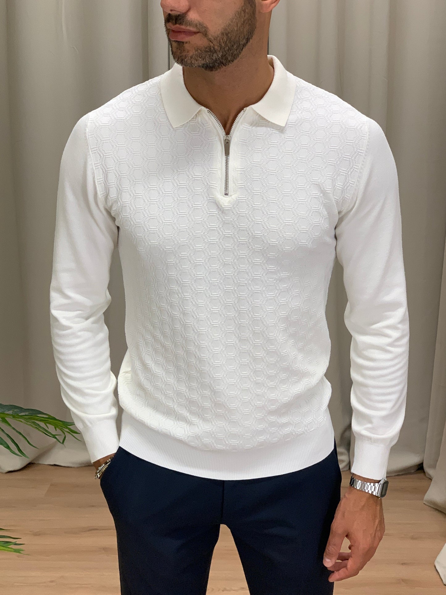 Maglia scollo Polo con Zip trama alveare col. Panna