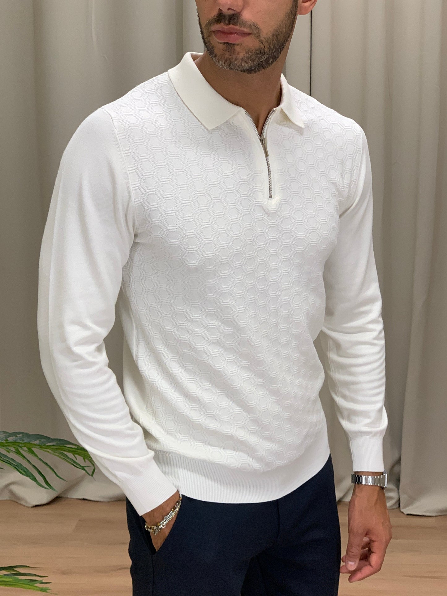 Maglia scollo Polo con Zip trama alveare col. Panna