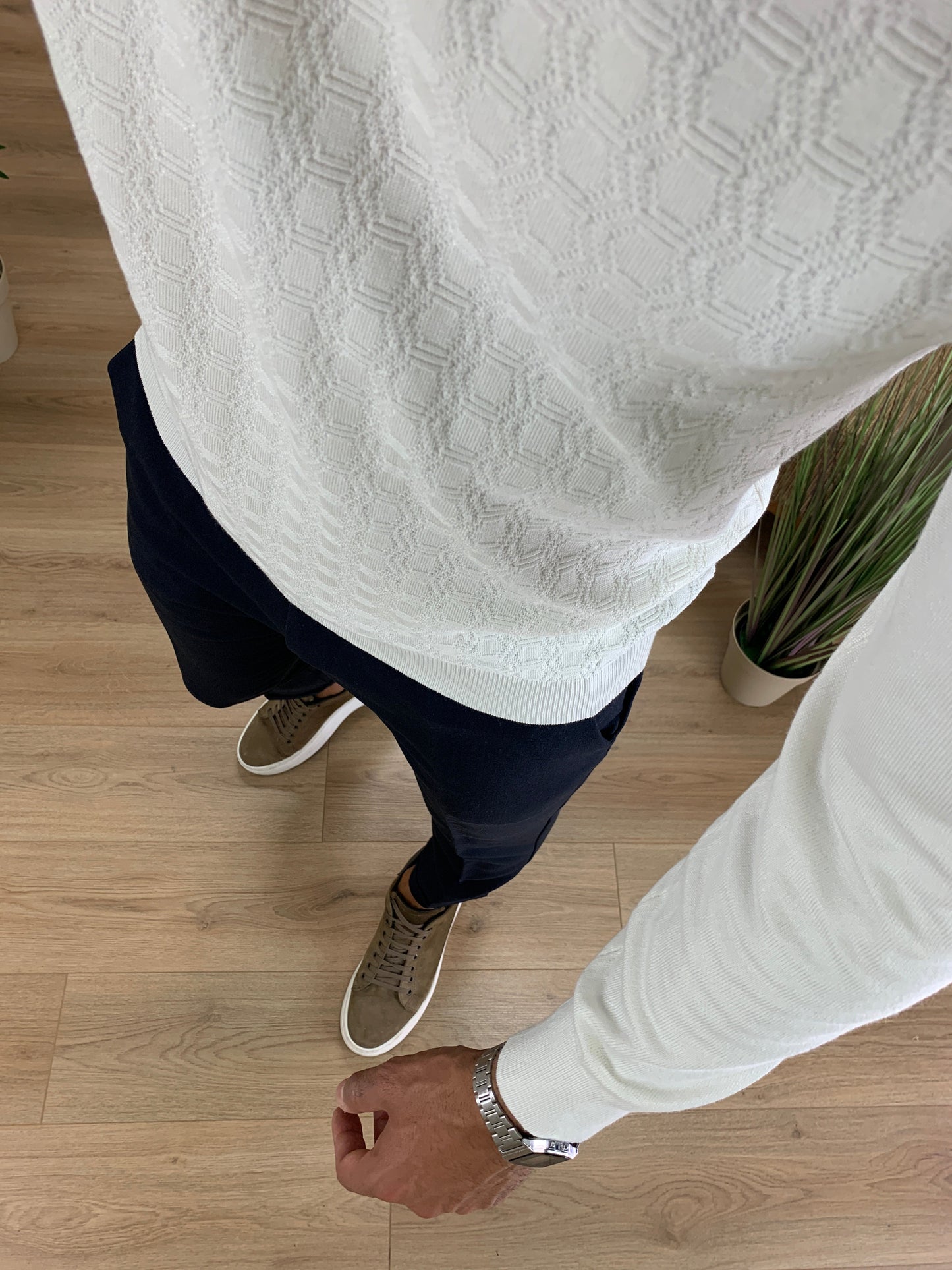 Maglia scollo Polo con Zip trama alveare col. Panna