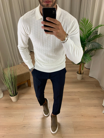 Maglia scollo Polo con Zip trama alveare col. Panna