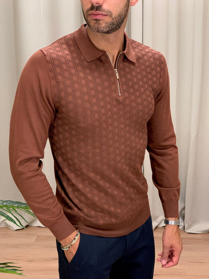 Maglia scollo Polo con Zip trama alveare col. Moro