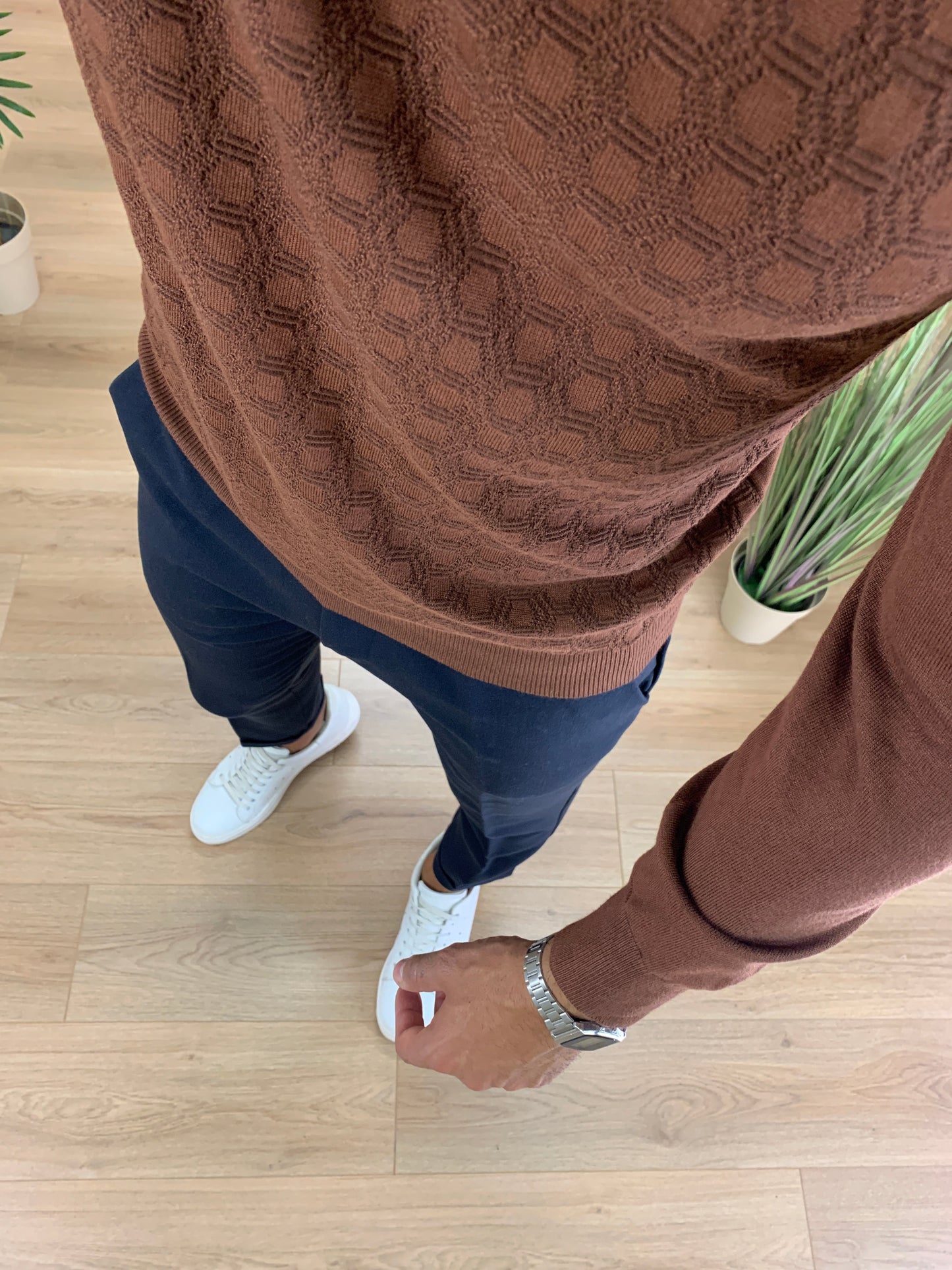 Maglia scollo Polo con Zip trama alveare col. Moro