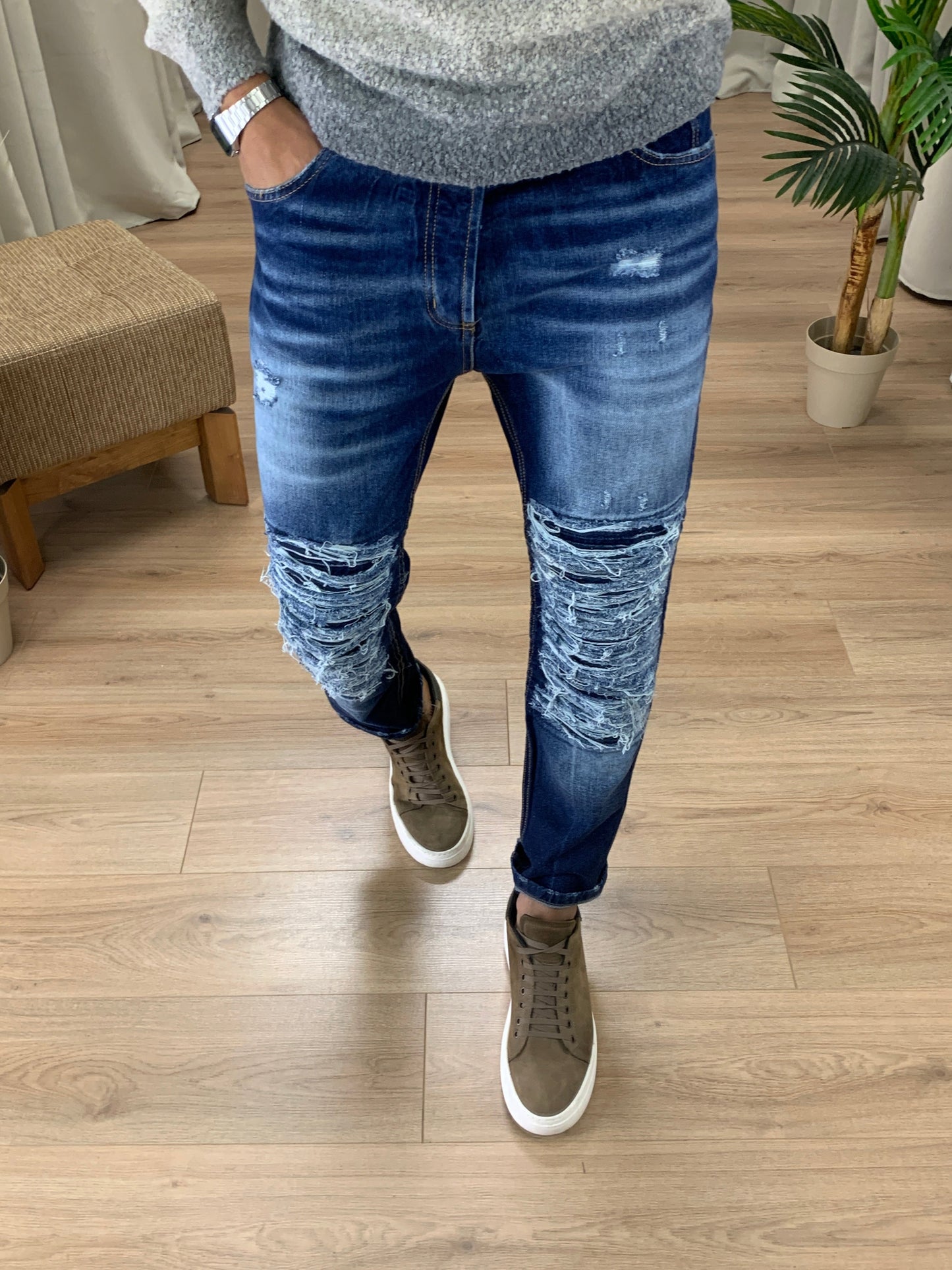 Jeans Zex con Rotture Biker col. Denim