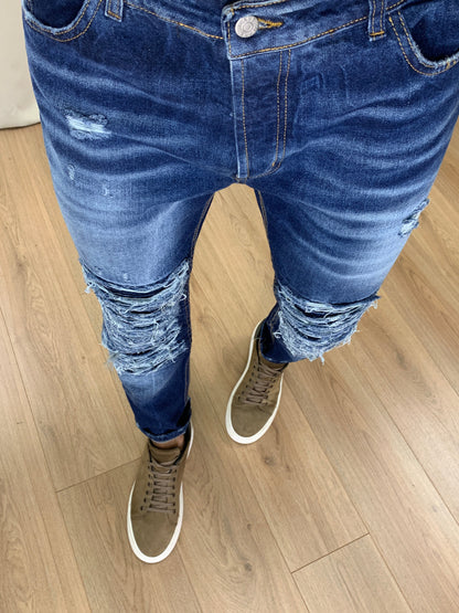 Jeans Zex con Rotture Biker col. Denim