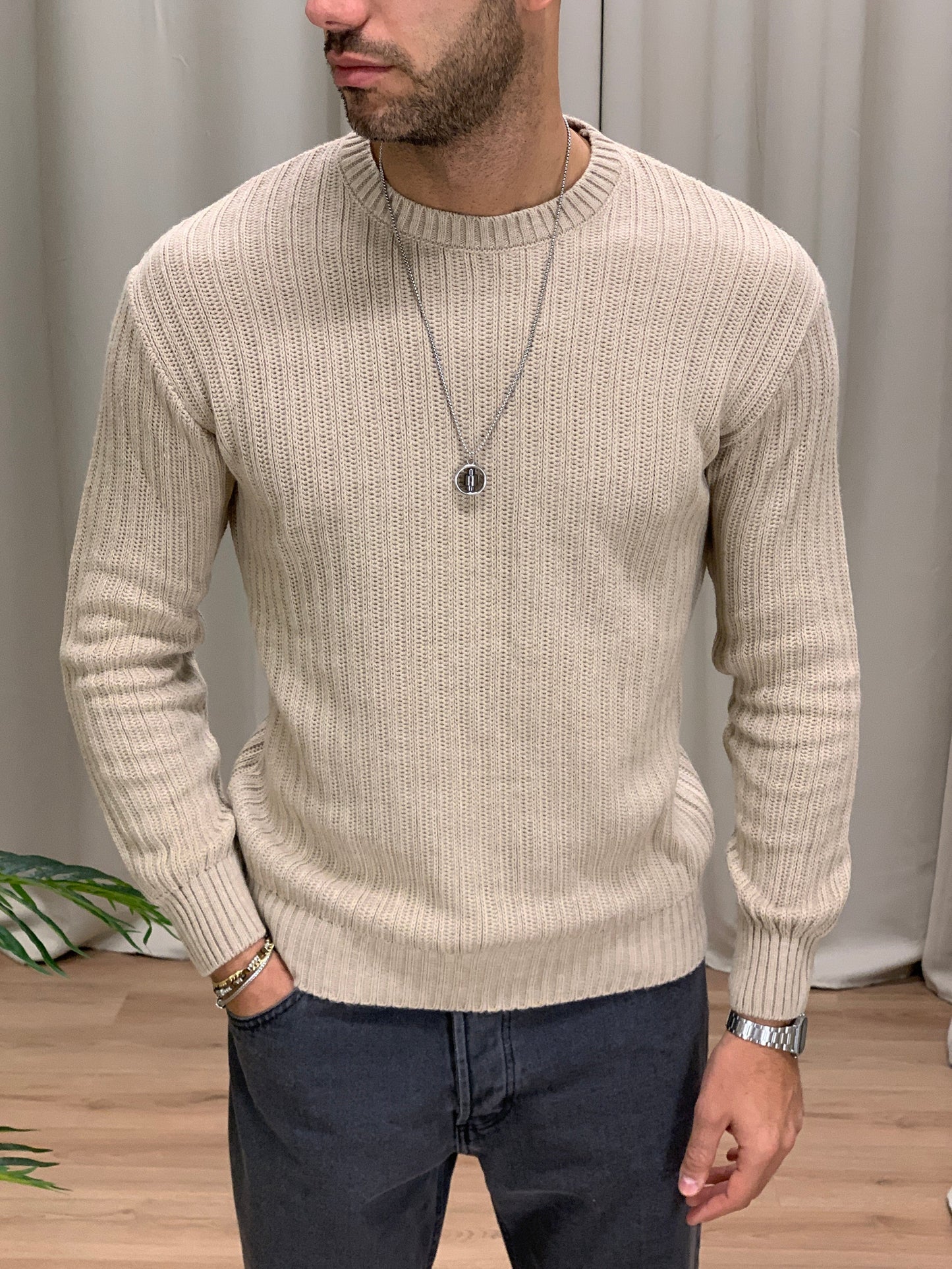 Maglioncino Stronger girocollo basic con Trama col. Beige