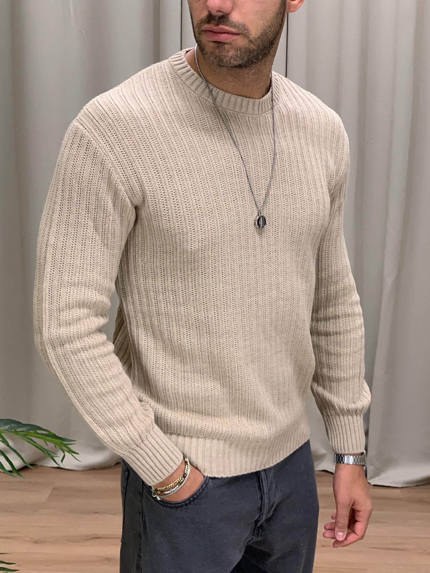 Maglioncino Stronger girocollo basic con Trama col. Beige