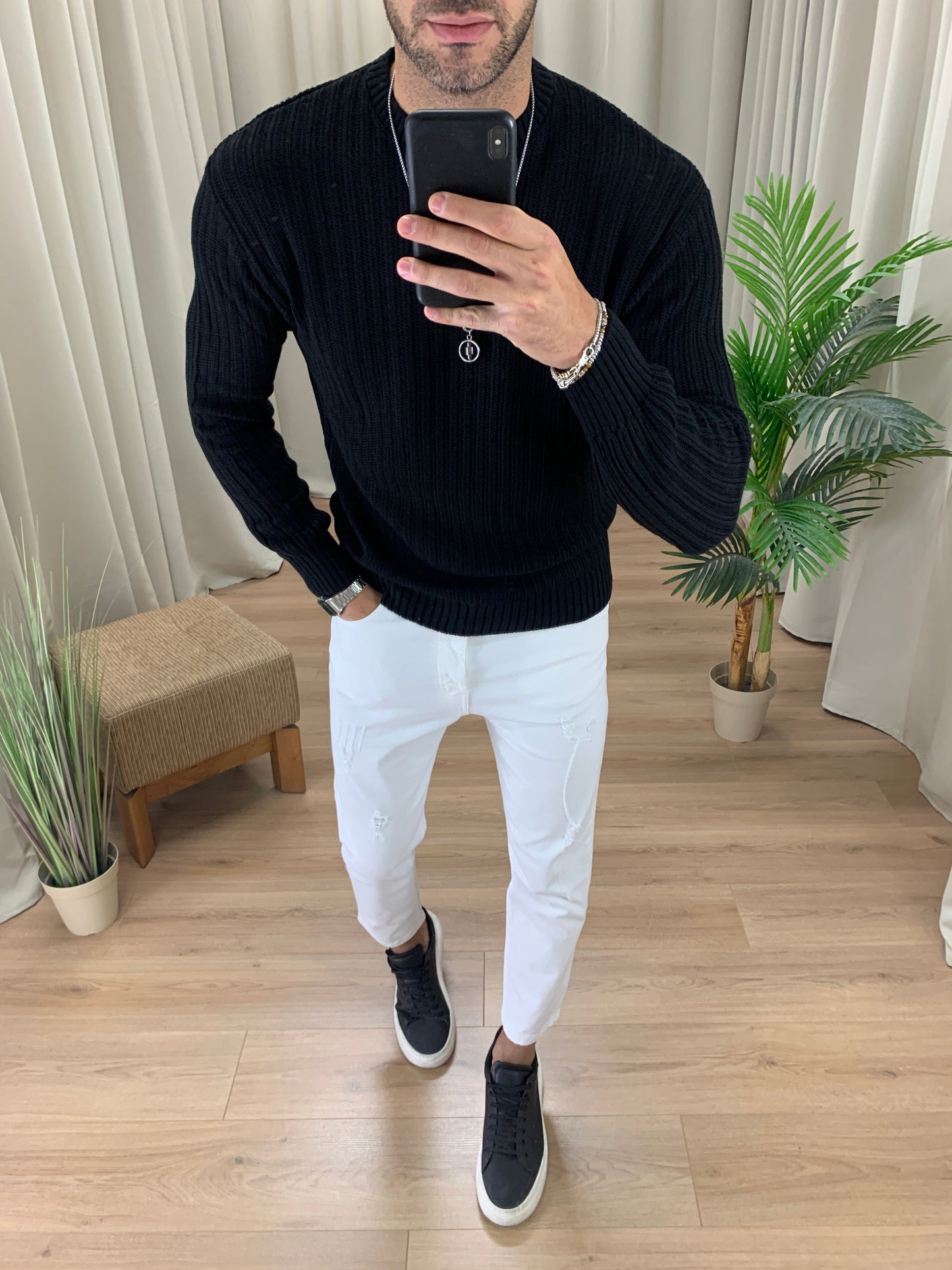 Maglioncino Stronger girocollo basic con Trama col. Nero