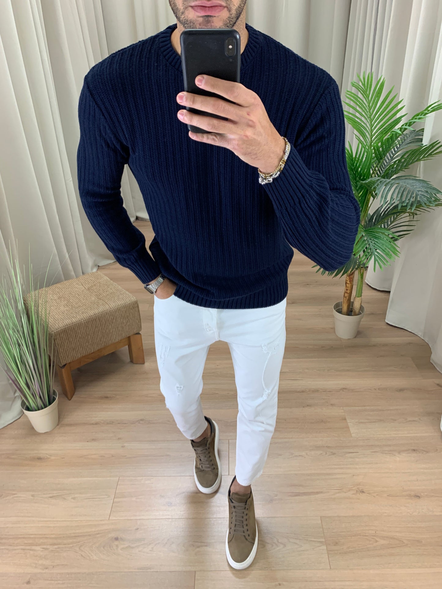 Maglioncino Stronger girocollo basic con Trama col. Blu