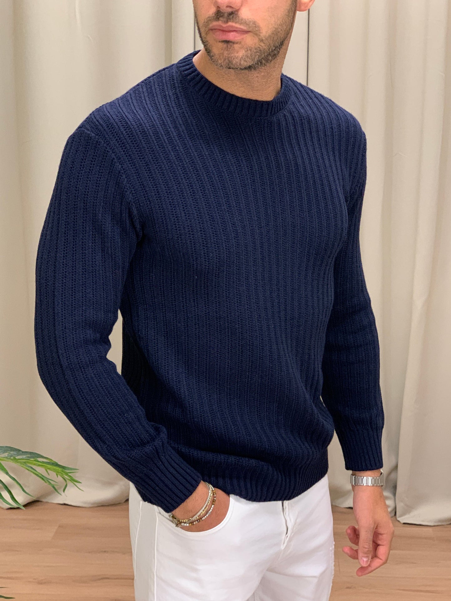 Maglioncino Stronger girocollo basic con Trama col. Blu