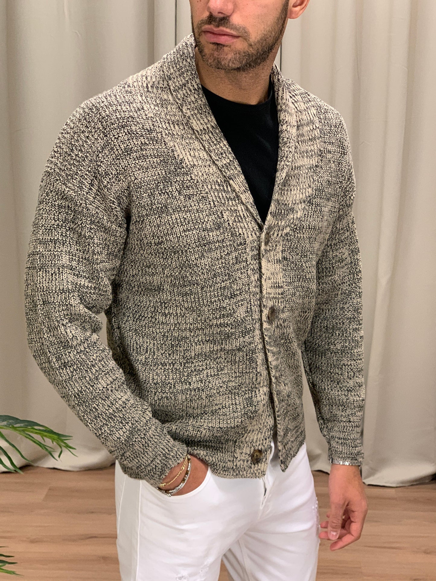 Cardigan Giacca fantasia sale e pepe col. Sabbia