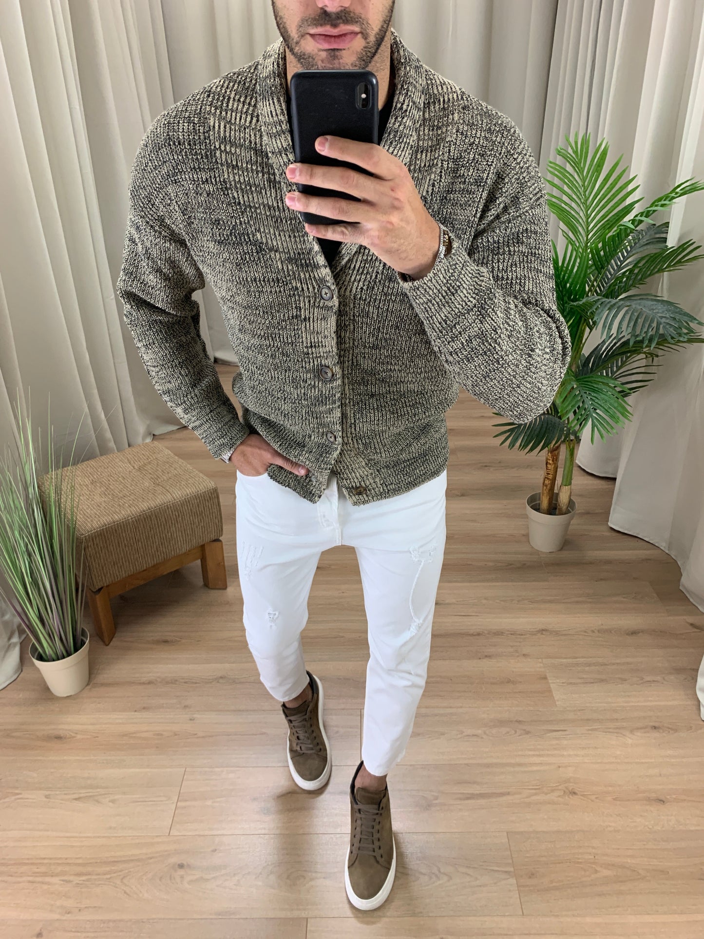 Cardigan Giacca fantasia sale e pepe col. Sabbia