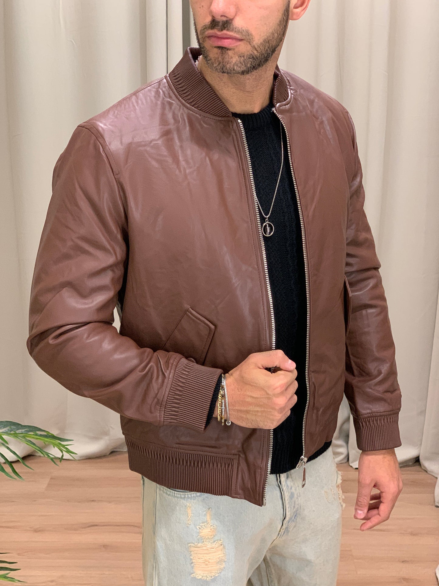 Bomber Collo College con Zip col. Marrone