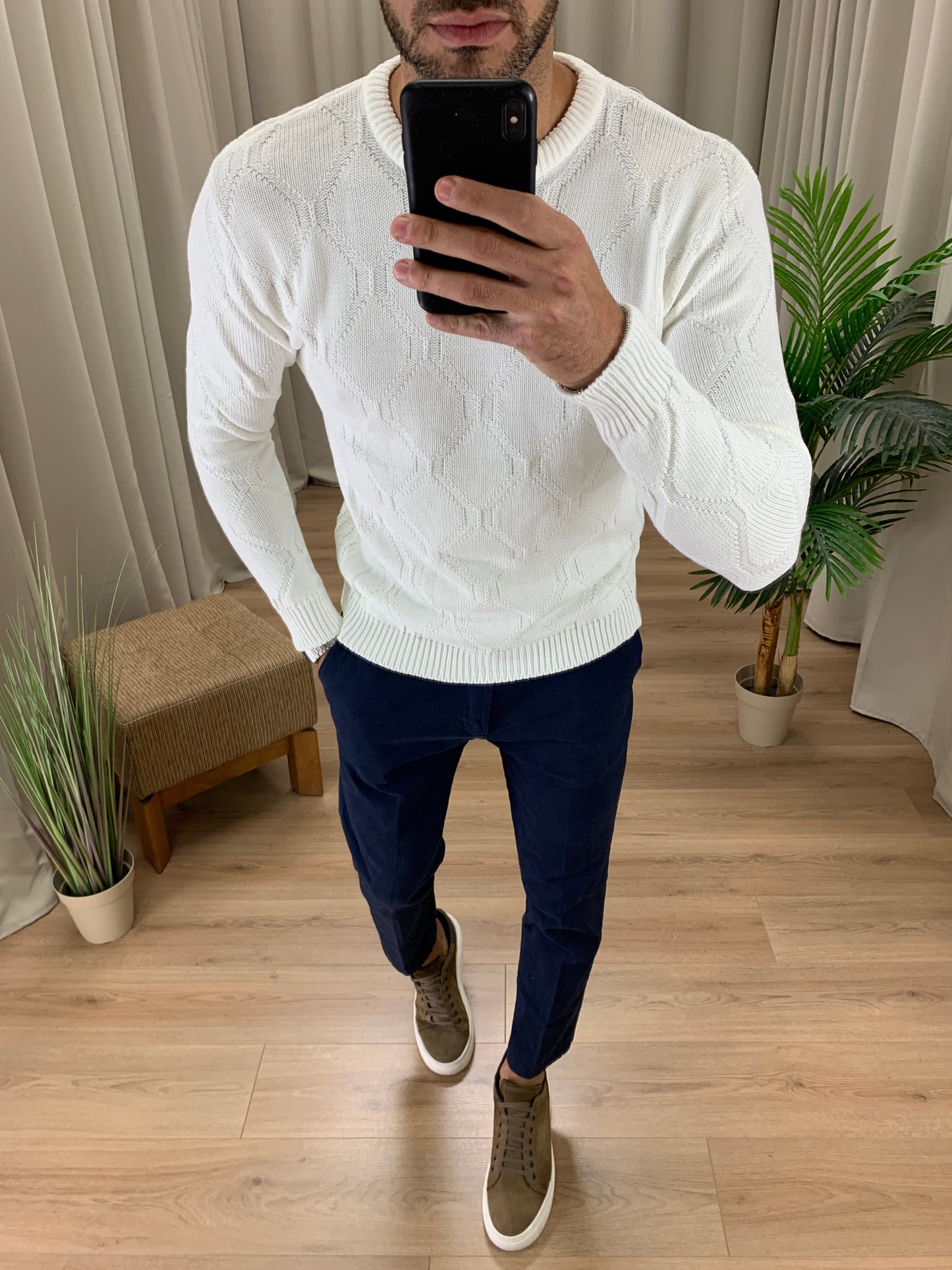 Maglioncino Pharrel girocollo con Trama col. Panna