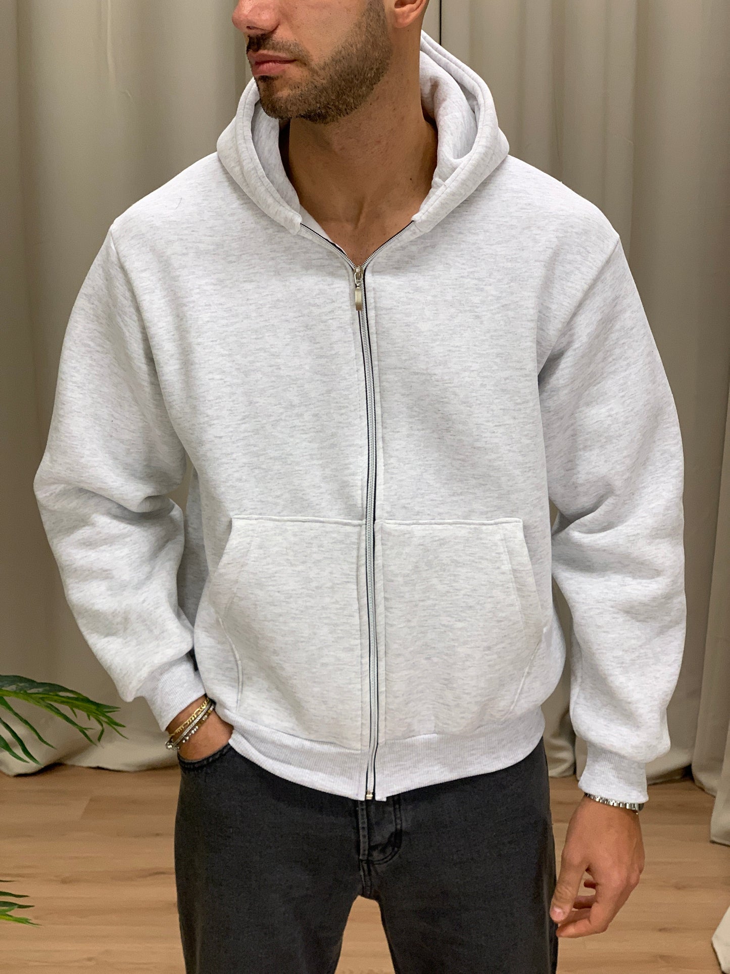 Felpa Basic con Zip e cappuccio col. Grigio