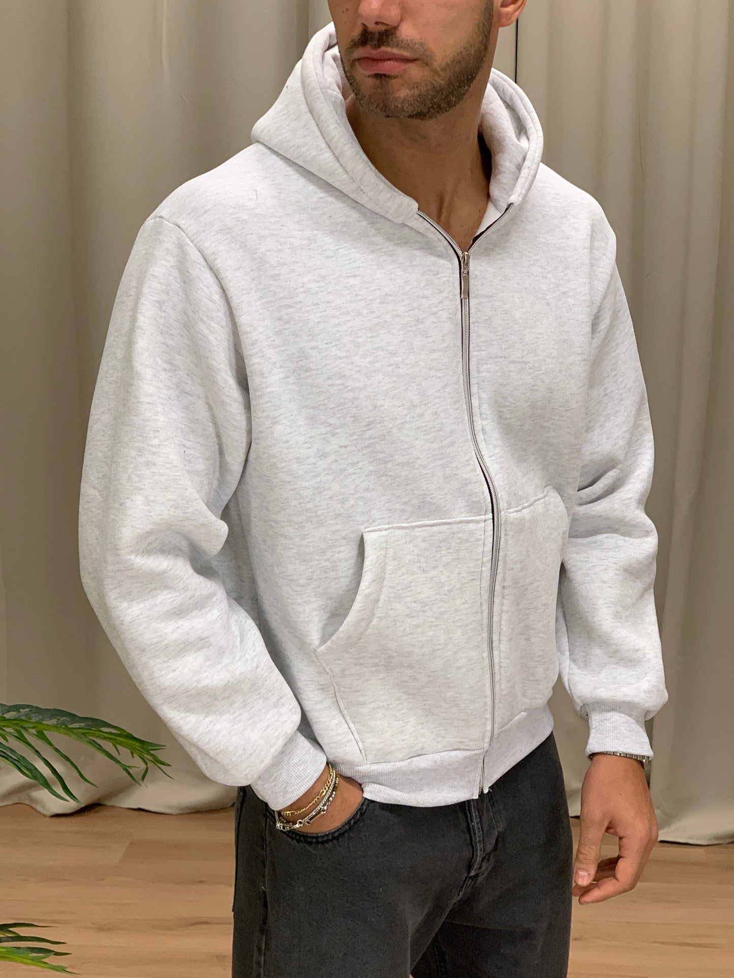 Felpa Basic con Zip e cappuccio col. Grigio
