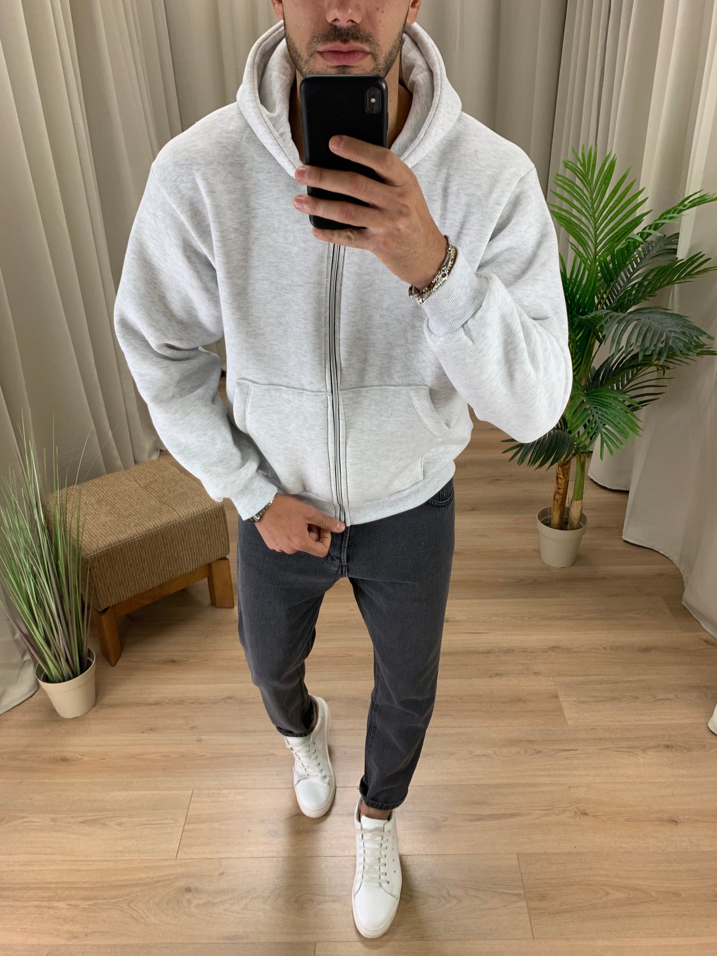 Felpa Basic con Zip e cappuccio col. Grigio