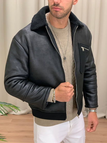 Montone con interno in Eco Pelliccia col. Nero