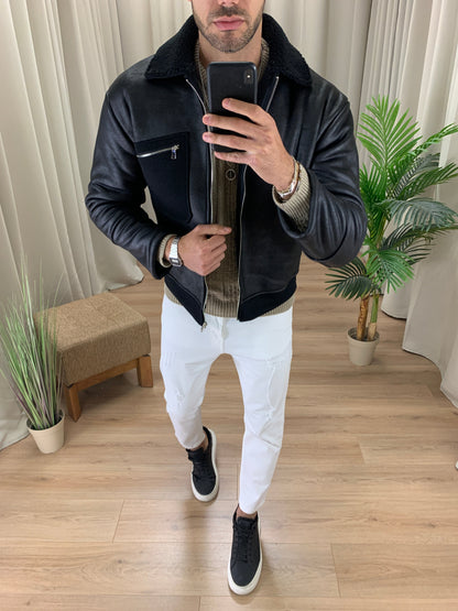 Montone con interno in Eco Pelliccia col. Nero