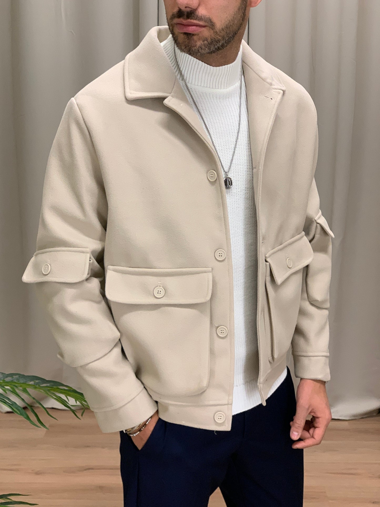 Giacca camicia Artik con Taschini misto Lana col. Beige