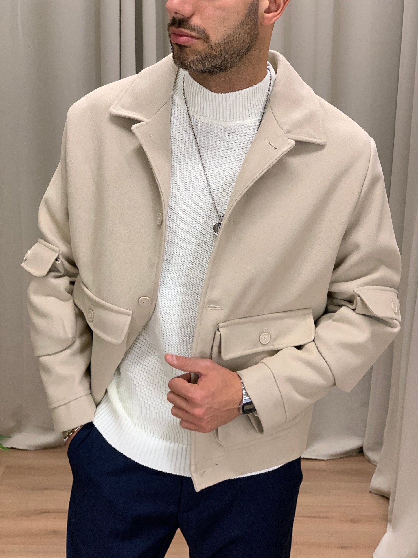 Giacca camicia Artik con Taschini misto Lana col. Beige