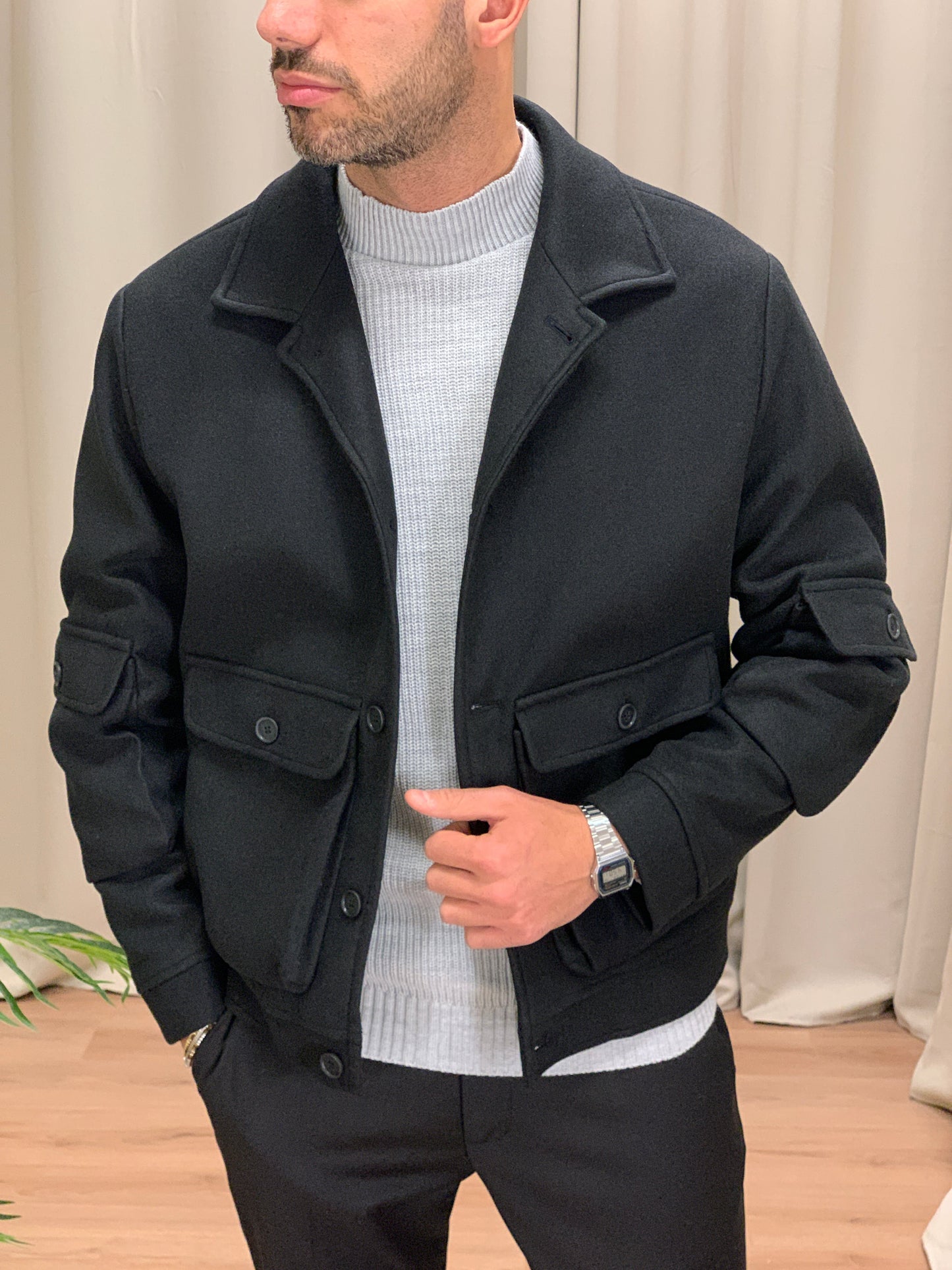 Giacca camicia Artik con Taschini misto Lana col. Nero