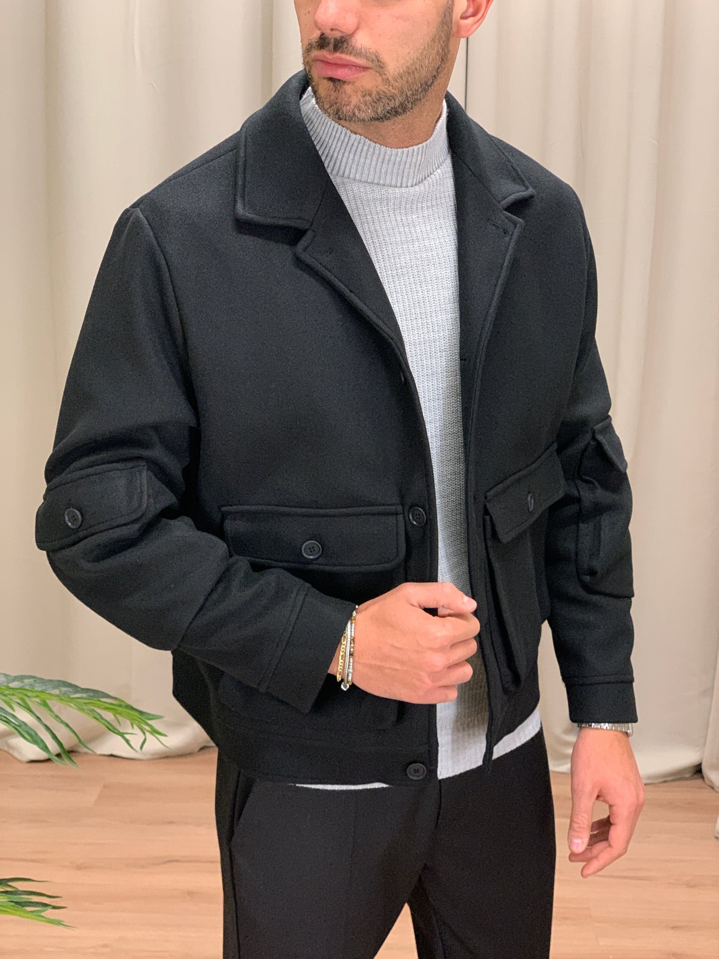 Giacca camicia Artik con Taschini misto Lana col. Nero