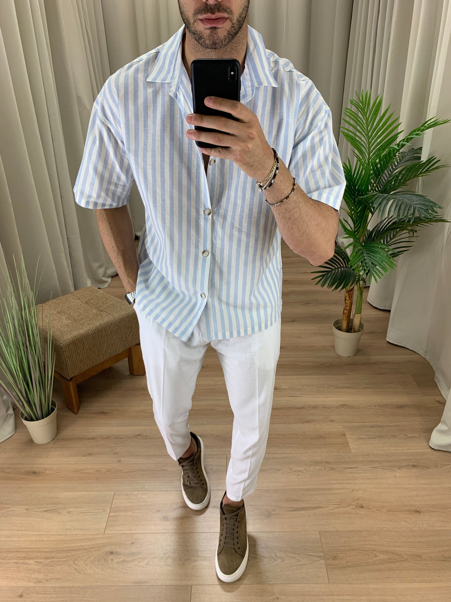 Camicia San Giorgio a Righe in misto Lino col. Celeste