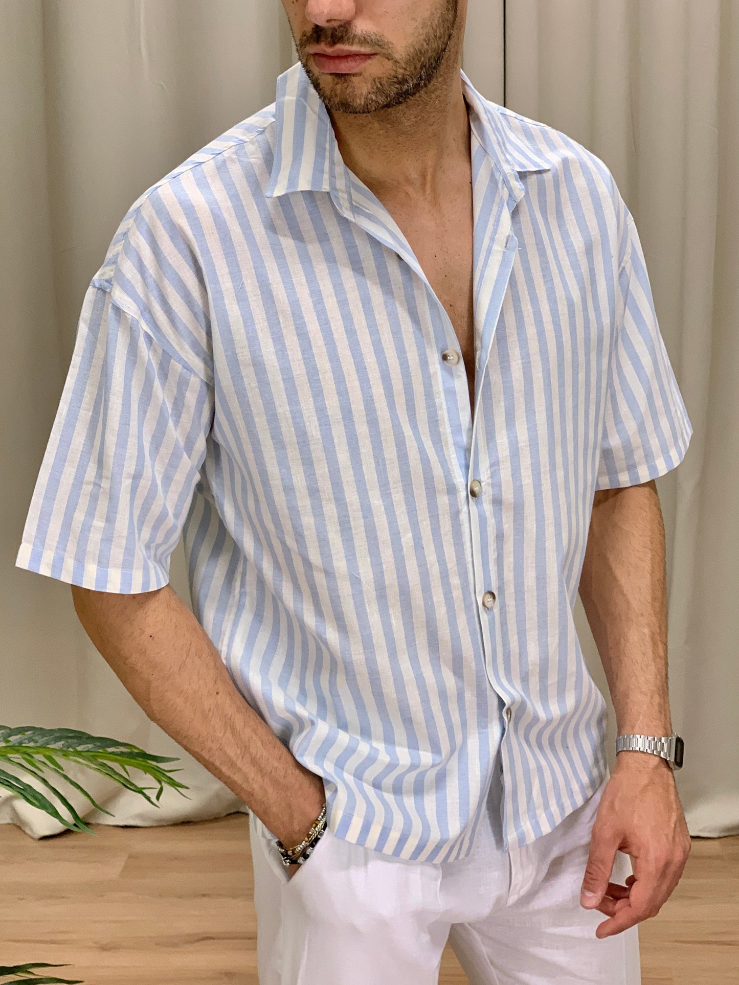 Camicia San Giorgio a Righe in misto Lino col. Celeste