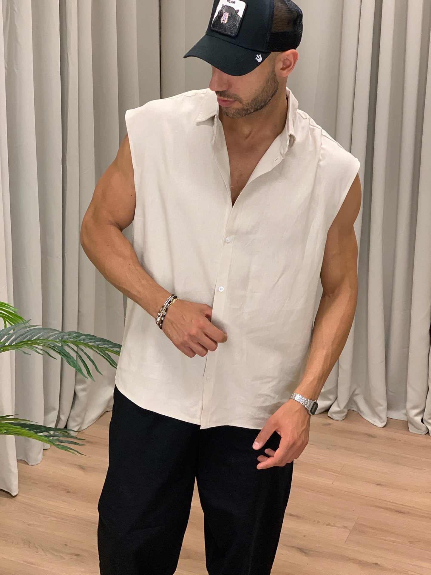 Camicia smanicata Over in Lino col. Beige