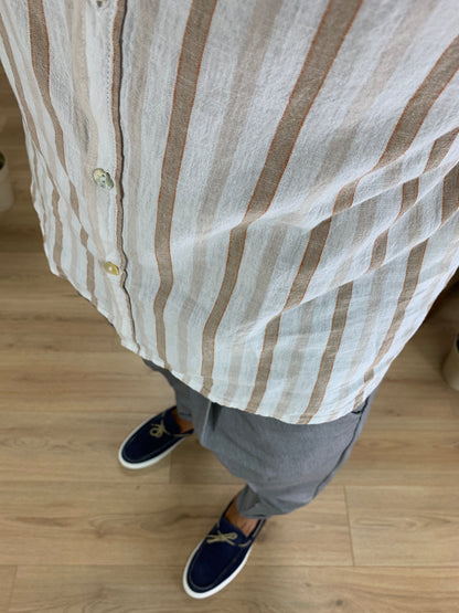 Camicia Midi rigata in Lino col. Beige