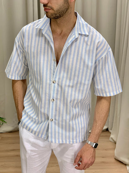 Camicia San Giorgio a Righe in misto Lino col. Celeste