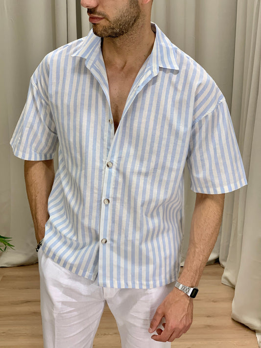Camicia San Giorgio a Righe in misto Lino col. Celeste