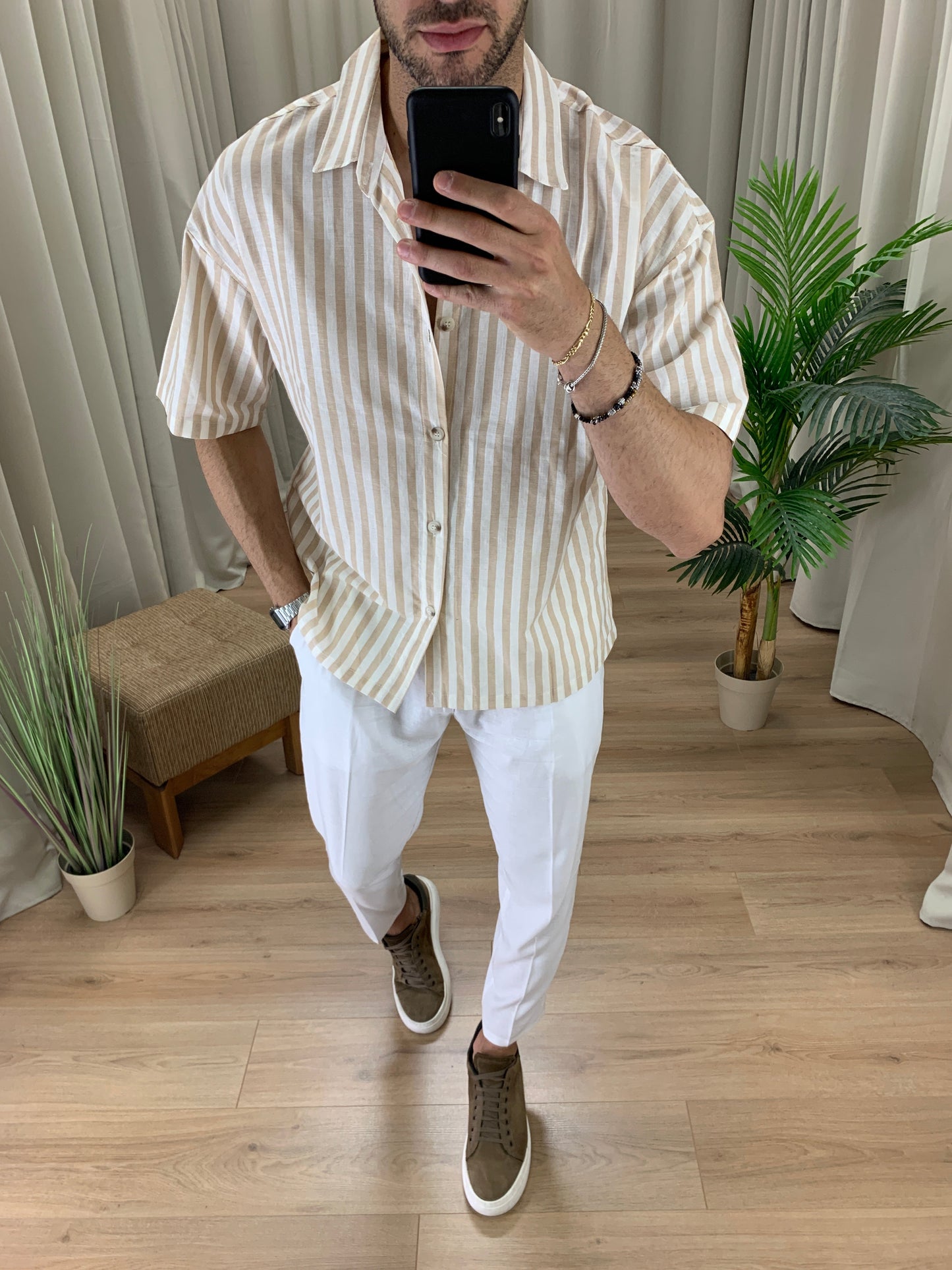 Camicia San Giorgio a Righe in misto Lino col. Beige