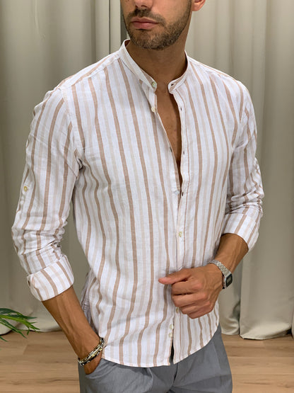 Camicia Midi rigata in Lino col. Beige