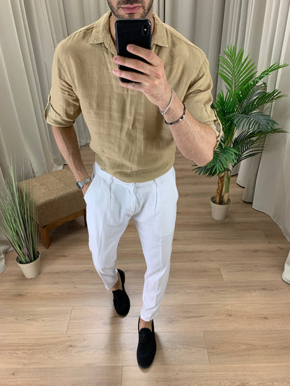 Pantalone Positano in Lino con Pinces col. Bianco