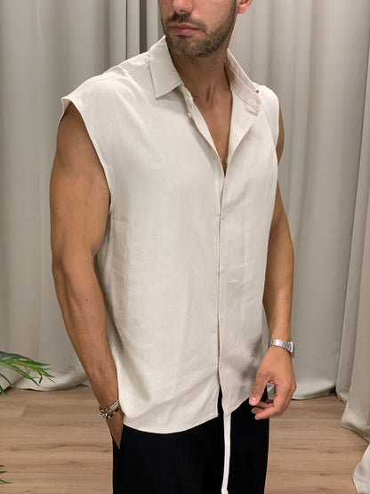 Camicia smanicata Over in Lino col. Beige