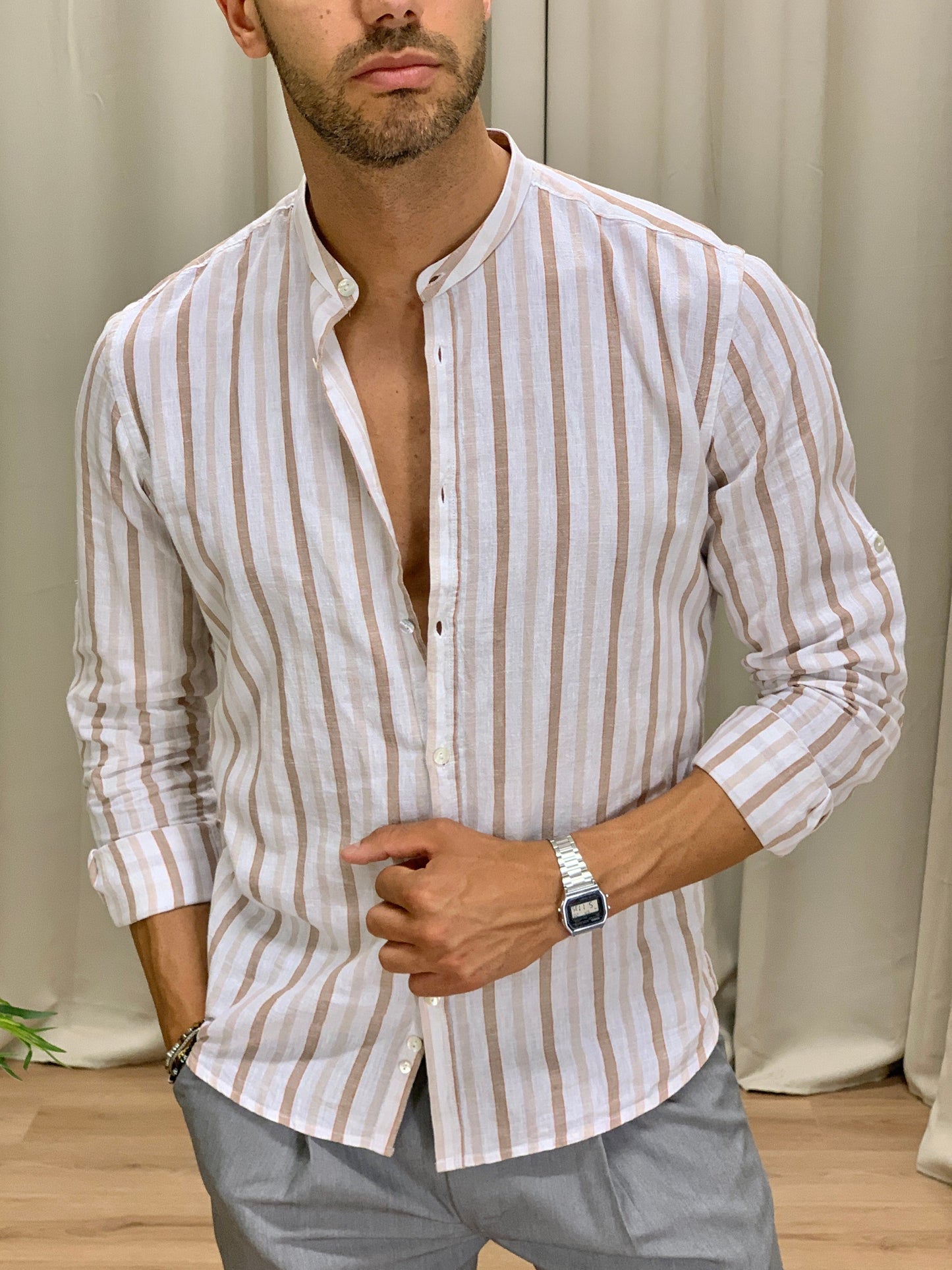 Camicia Midi rigata in Lino col. Beige