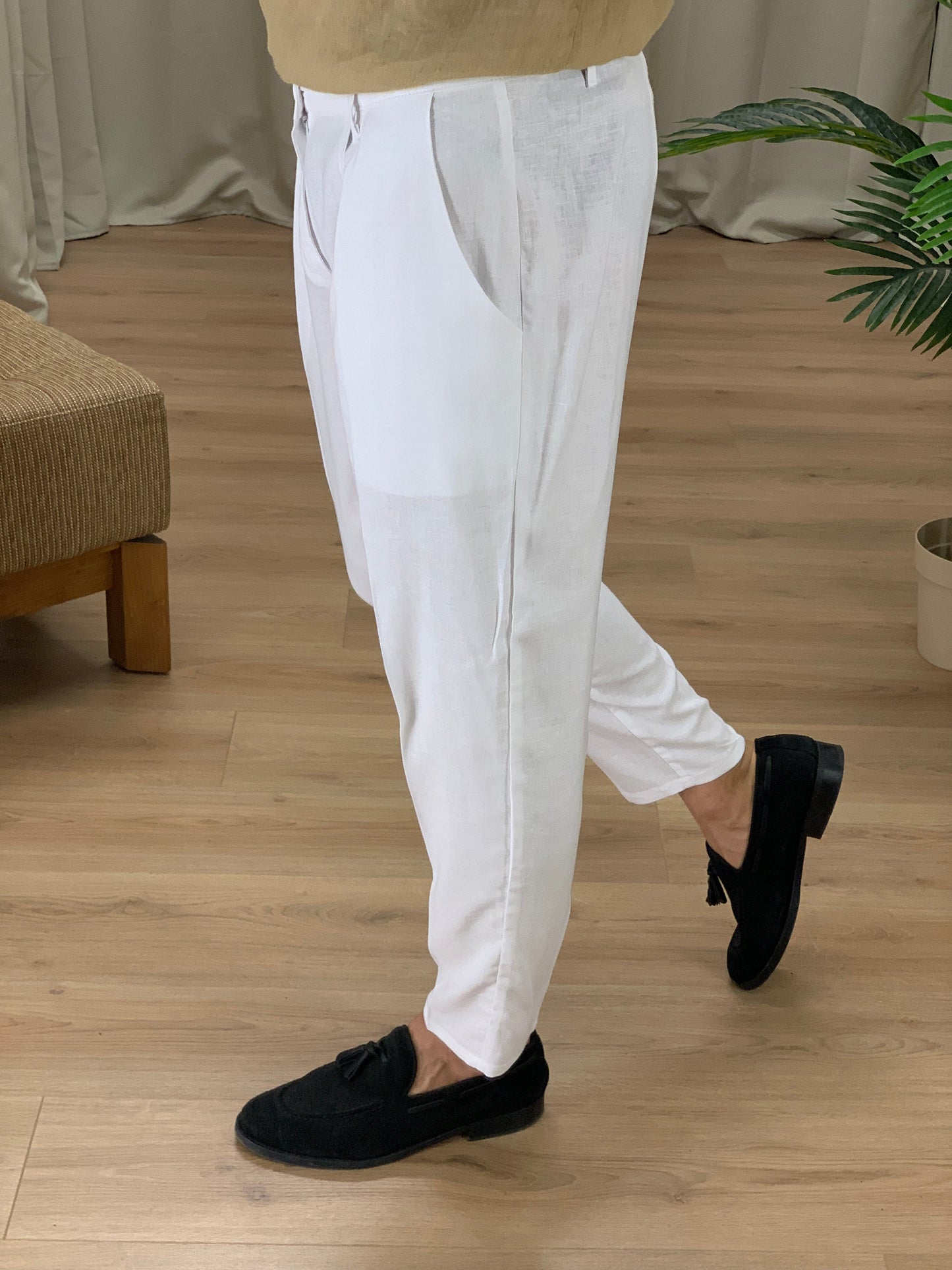 Pantalone Positano in Lino con Pinces col. Bianco