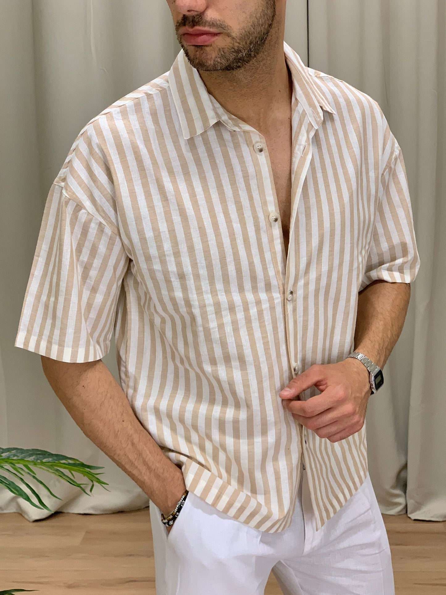 Camicia San Giorgio a Righe in misto Lino col. Beige