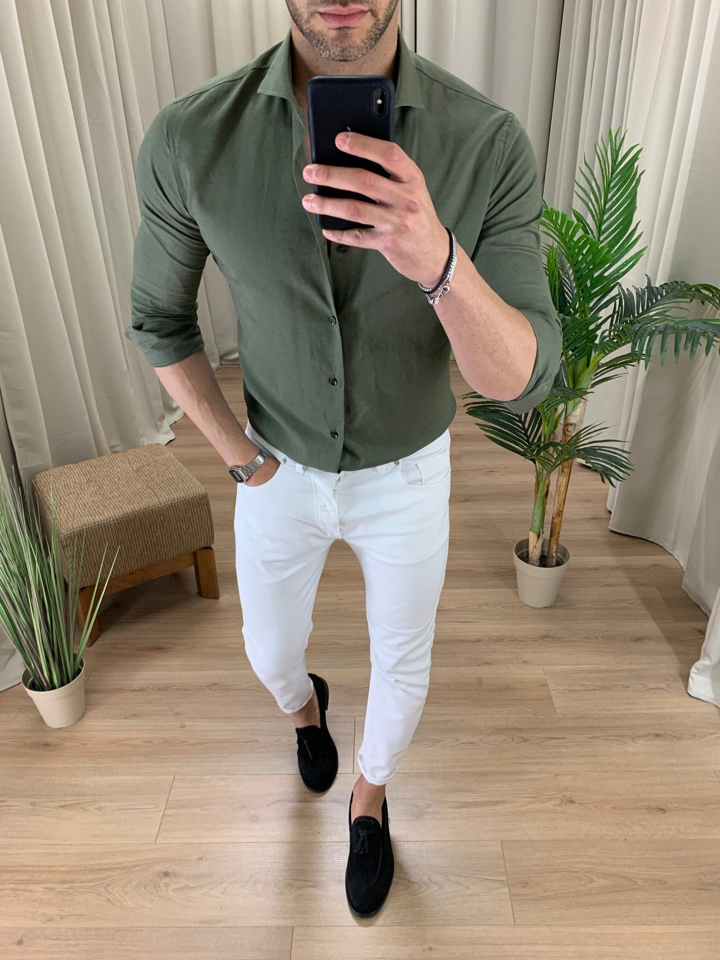 Camicia Santiago in Lino collo classico col. Verde Militare