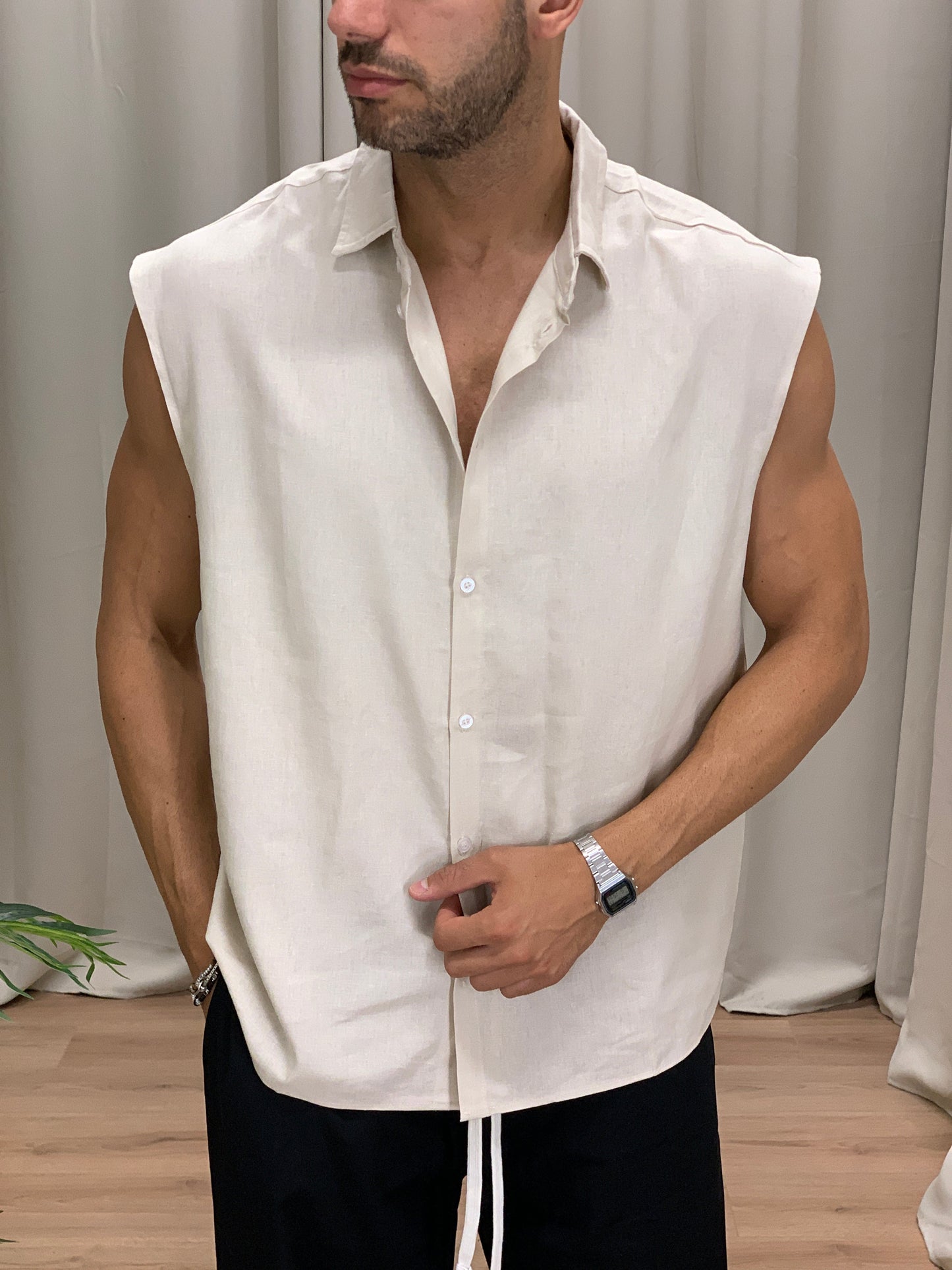 Camicia smanicata Over in Lino col. Beige