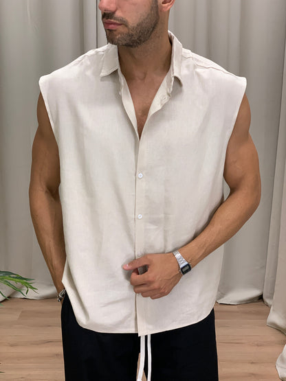 Camicia smanicata Over in Lino col. Beige