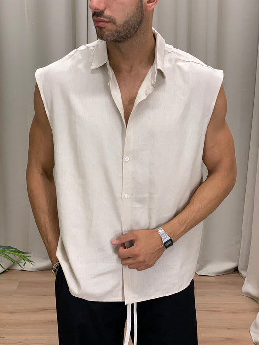 Camicia smanicata Over in Lino col. Beige