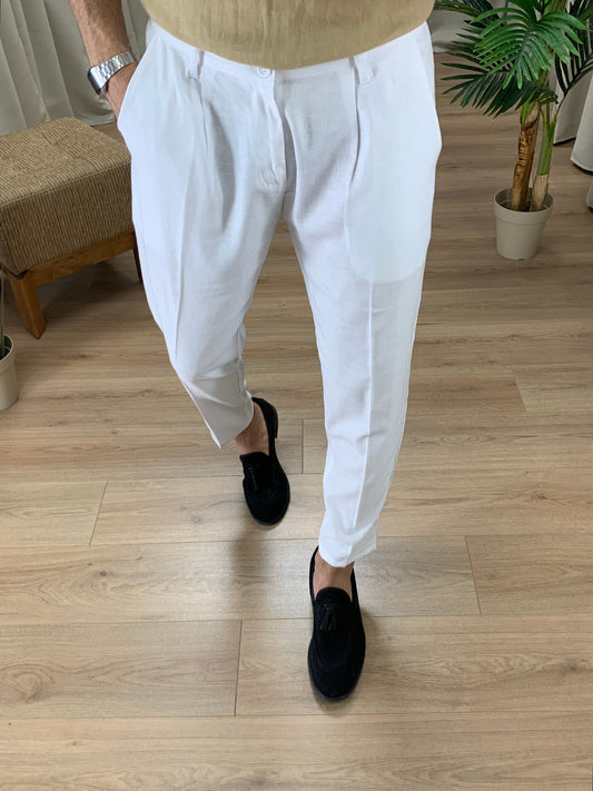 Pantalone Positano in Lino con Pinces col. Bianco