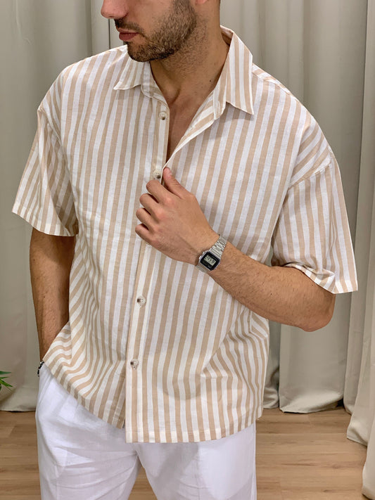 Camicia San Giorgio a Righe in misto Lino col. Beige