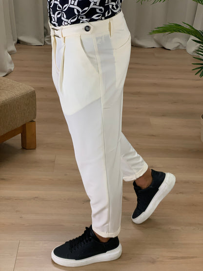 Pantalone Trieste con Fibbia e Pinces col. Panna