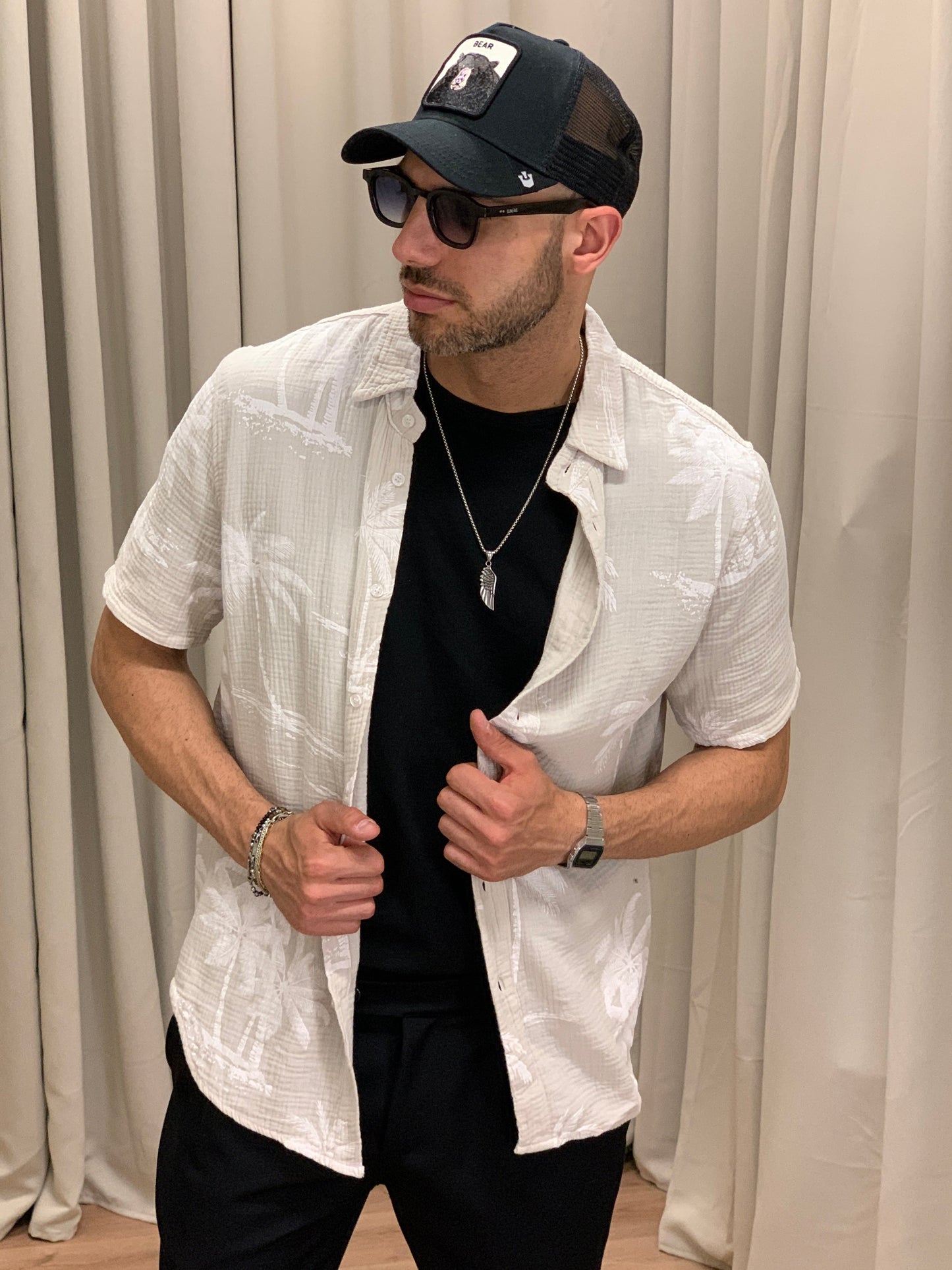 Camicia in Cotone fantasia Palme col. Beige